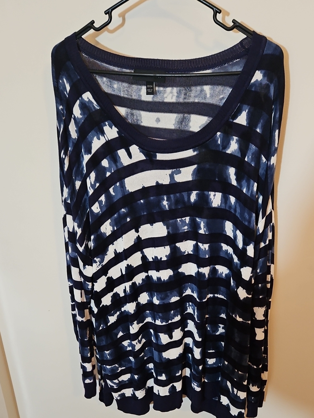 Lane Bryant Navy and White Striped Scoop Neck Long Sleeve Top